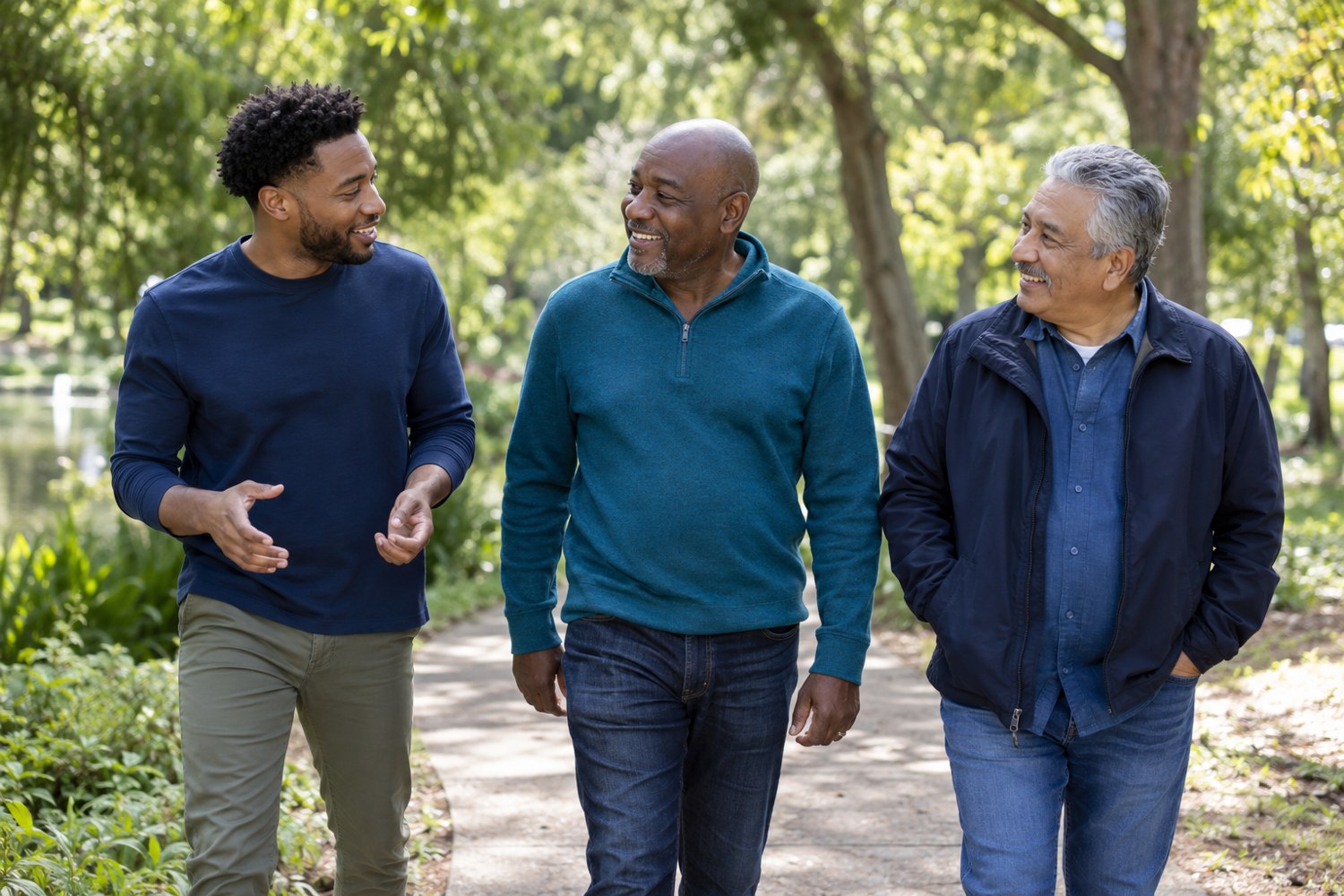 Men from different generations sharing a walk outdoors